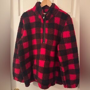 Cozy red and black buffalo plaid sherpa quarter-zip sweater, Size XL cabincore